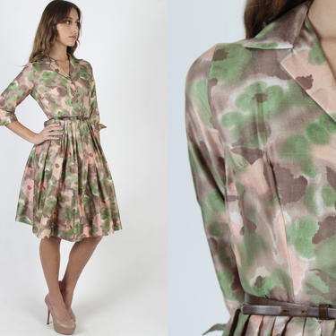 Vintage 50s Watercolor Print Dress / Pastel Abstract Pleats / Green Brown Camouflage Style Dress / Womens Full Skirt Knee Length Dress 