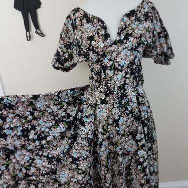 Vintage 1950's Floral Day Dress / 50s Full Circle Skirt Dress S 