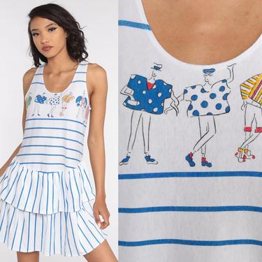 Striped Mini Dress Novelty Print Sundress 80s Summer Nautical Peplum Sun Mini 1980s High Waist Sleeveless Blue White Small 