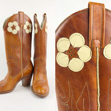 Vintage 1970s Hibiscus Flower Acme Boots, Vintage Acme, 1970s 70s, Western, Southwestern, Rockabilly, Size 5 1/2M by Mo