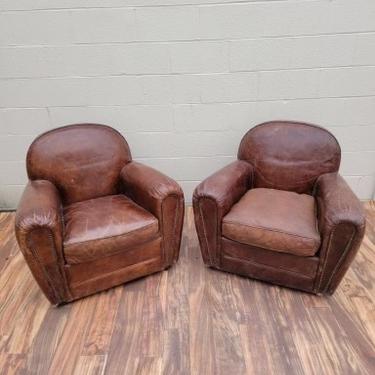 Vintage French Art Deco Original Distressed Brandy Leather Paris Club Chairs - Pair