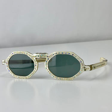 1960'S Folding Sunglasses - Aurora Borealis Rhinestones - Pearlized Plastic Hinged Frames - New UV Lenses - Optical Quality 