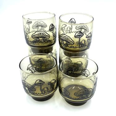Libbey Mushroom Retro Glasses, Set of 6, Raised Embossed Mushrooms, Smokey Ombre Brown Gradient, Water Glass, Vintage Low Ball, Juice 