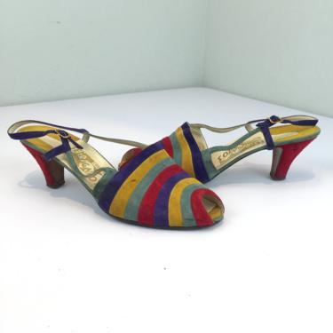 Neapolitan Adventures - Vintage 1930s 1940s Ferragamo Colourful Multi Stripe Suede Leather Dress Heels - 8 1/2 B - Rare 