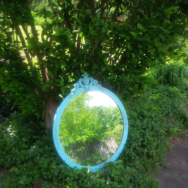Mirror Ornate Cottage Round Mirror Fancy Vintage Mirror Poppy Cottage Painted Furniture Turquoise Blue 