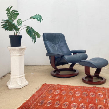 Steel Blue Ekornes Leather Chair & Ottoman