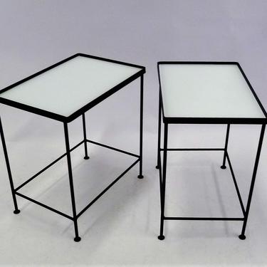Paul McCobb Style Blackened Iron and Glass Occasional Side Tables