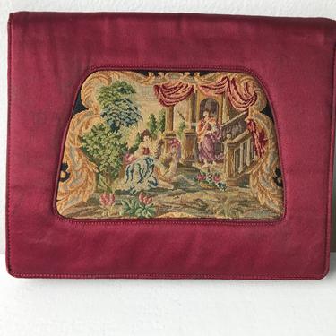 Maroon Satin Vintage Needle Point Tapestry Purse Clutch 