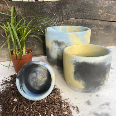 Trio of Marbled Round Concrete Pots 