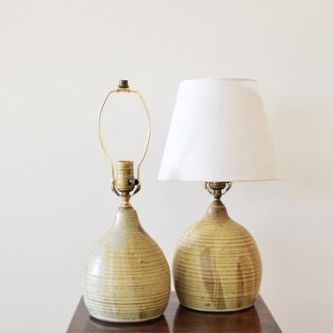 Pair of Vintage Studio Made Beige Ceramic Table Lamps | Handcrafted Pottery Lighting | Mid Century Modern 