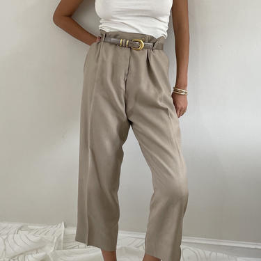 90s pleated pants / vintage oatmeal woven linen rayon high waisted pleated baggy pants trousers | XL 