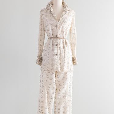 Fabulous 1960's Fully Beaded Two Piece Pant Suit / Medium