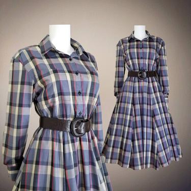 Vintage 80s Blue Plaid Shirt Dress, Large / Collared Day Dress with Pockets / Pinup Style Swing Dress / Western Style Fit & Flare Midi Dress 