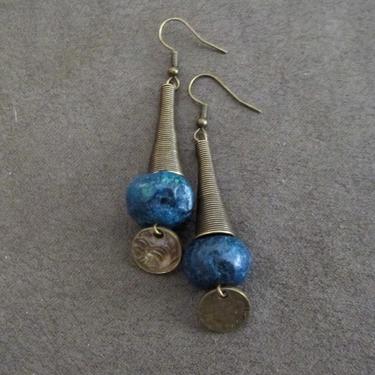 African turquoise earrings, modern earrings, rustic bronze earrings, mid century modern earrings, unique statement earrings, blue ethnic 