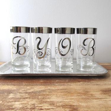 BYOB vintage silver rim highball glasses - script monogram initial set of 4 