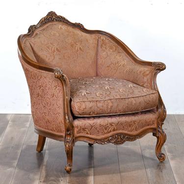 Carved Victorian Armchair W Pink Jacquard Upholstery