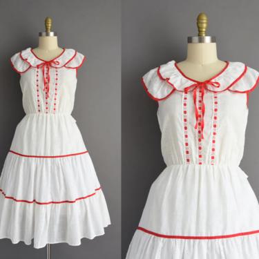 1980s vintage dress | White Cotton Red Ribbon Summer Eyelet Full Skirt Dress | Medium | 80s dress 