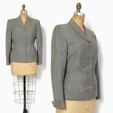 Vintage 40s Tailored BLAZER / 1940s Gray Wool Deco Details Fitted Suit Jacket 