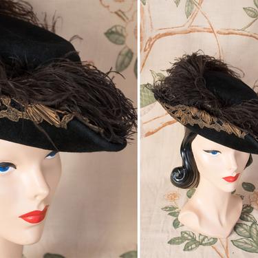 1900s Hat - Exceptional Antique Edwardian Bicorn Style Feathered Hat in Fur Felt with Sequins, Metallic Lace, and Ostrich Feathers 