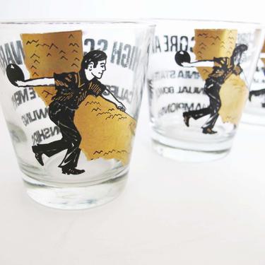 Vintage 60s Bowling Glass Tumblers set 3 - 1960s High Score California State Mens Championships Bowling Drink Glasses - 60s Gold Barware 