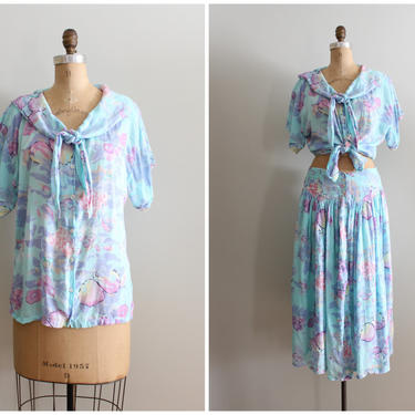 vintage rayon gauze skirt &amp; blouse set - 2 piece 80s gauze dress / aqua floral print rayon gauze / fruit print Indian gauze 