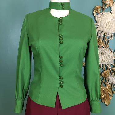 1970s blouse, olive green blouse, vintage blouse, button up shirt, mod blouse, long sleeve, cut away neckline, 34 bust, small, choker blouse 