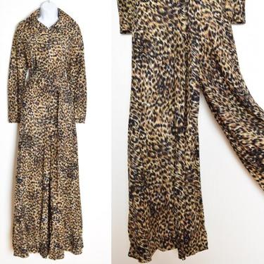vintage 70s jumpsuit wide leg leopard print pointy collar disco romper outfit L clothing 