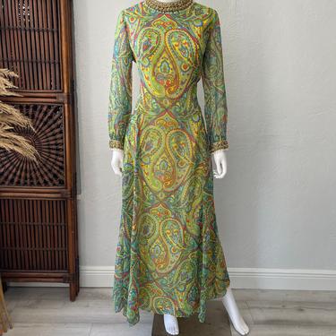 Vtg 60s op art paisley jeweled maxi dress gown SM 