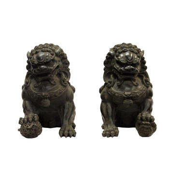 Pair Chinese Distressed Brown Black Marble Like Fengshui Foo Dogs ws287E 