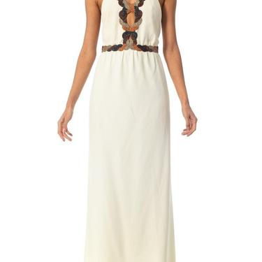 1970S LORIS AZZARO Ivory Hand Beaded Silk Crepe Backless Halter Gown With Cut-Outs 