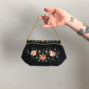 Vintage 30s French Embroidered Black Beaded Clutch 