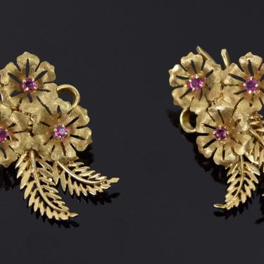 Vintage Mid-Century 14k Solid Gold Floral Earrings with Pink Stones 