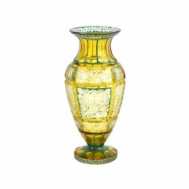 Antique Bohemian Ornate Cased Flashed Green Yellow Cut to Clear Glass Vase 
