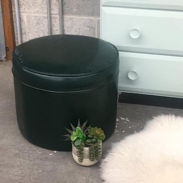 Vintage Ottoman Retro 1990s Contemporary + Cylinder Shape + Forest Green Vinyl + Cushioned Top + Footstool + Seating and Home Decor 