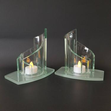 Vintage Glass Candle Holders / Modern Architectural Votive Holders / Pair of Contemporary Style Green Art Glass Decorative Tea Light Holder 