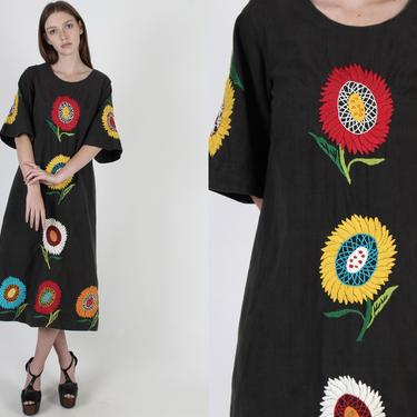 Colorful Embroidered lower Mexican Dress/ South American Cotton Caftan / Womens Hand Sewn South American Dress 