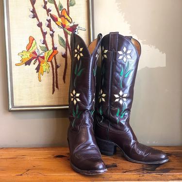 PRAIRE FLOWER Vintage 60s Boots | 1960s Justin Tall Western Brown Floral Leather Inlay Western Boots | Gypsy Cowgirl Southwestern | Size 7.5 