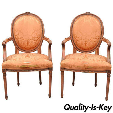 Pair of French Louis XVI Style Pink Distress Painted Oval Back Dining Arm Chairs