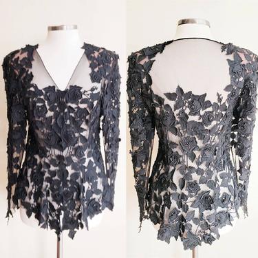 1980s Yoly Munoz Black Lace Evening Jacket Dressy Blazer / 80s Handmade Designer Sheer Illusion Cut Lace Beaded Black Mesh Tunic Top / M 