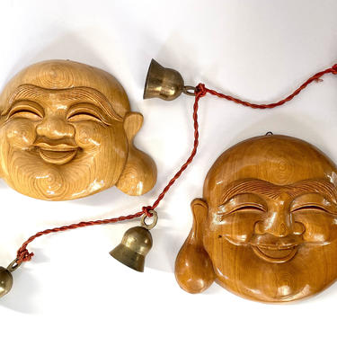 Vintage Hand Carved Laughing Buddha Head Wall Hanging 