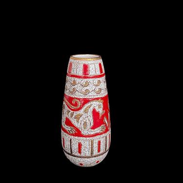 Vintage Mid Century Modern Fine Hand Made Pottery Vase Fratelli Fanciullacci ELBEE Vase with Horses Red, White &  Gold Glazes 9 5/8