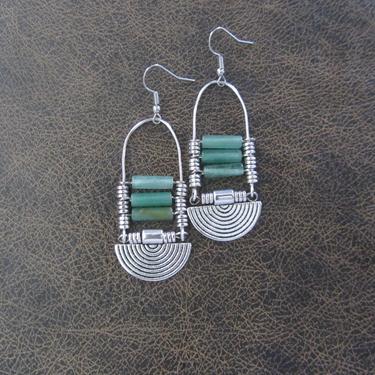Chandelier earrings, green stone and silver, ethnic statement earrings, chunky bold earrings, bohemian boho chic earrings, artisan earrings 