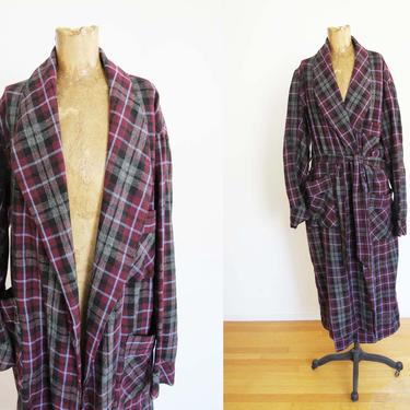 Vintage 1950s Wool Plaid Robe - Hollywood Robe - 50s Unisex Dressing Robe - Burgundy Blue Shawl Collar Robe - Wool Belted Duster 
