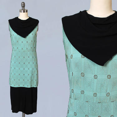1930s Dress / 30s GOLD METALLIC Embroidered Deco Dress / Celadon Green and Black 