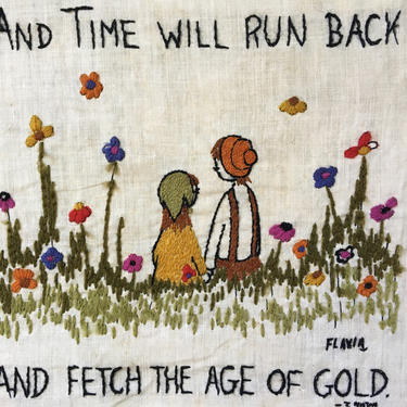 Vintage Flavia Crewel Embroidery Flower Children Framed Piece, John Milton Quote, Time Will Run Back, Boy Girl, Religious Meaning 