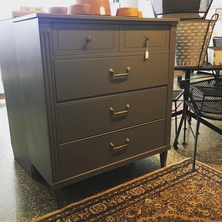 Gorgeous gray painted dresser with brass hardware. 18.5 inches deep x 37 inches wide x 42 inches tall. $595, $40 extra delivery fee.