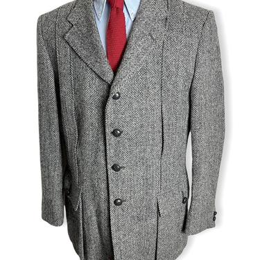 Vintage HARRIS TWEED Wool Norfolk Jacket ~ 44 R ~ Herringbone blazer / sport coat ~ Hunting ~ Belted Back ~ 