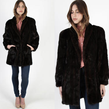 Real Mahogany Mink Fur Jacket / Short Cropped Dark Brown Mink Coat / 80s Mahogany Natural Fur Collar Upcycle Womens Hook Front Jacket 