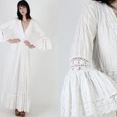 White Mexican Wedding Dress / South American Crochet Lace Dress / Vintage Ethnic Bell Sleeve Dress / Pintuck Cotton Angel Maxi Dress 