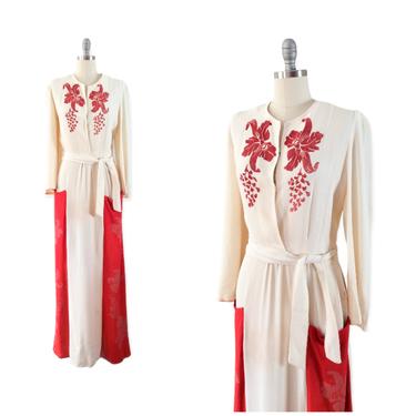 RESERVED for BETHANY /// 40s Hawaiian Print Red &amp; White Rayon Crepe Dressing Gown / 1940s Vintage Wrap Dress / Medium / Size 8 